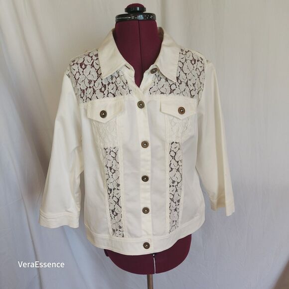 Joan Rivers Button Or Open Front Lace Jacket Blazer White Cotton Blend Medium - Picture 1 of 11